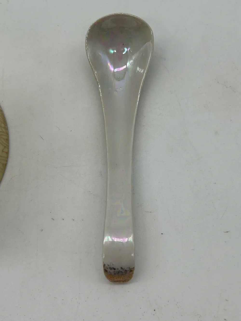 Vintage Ceramic Condiment Jar With Spoon Iridescent Pale Green
